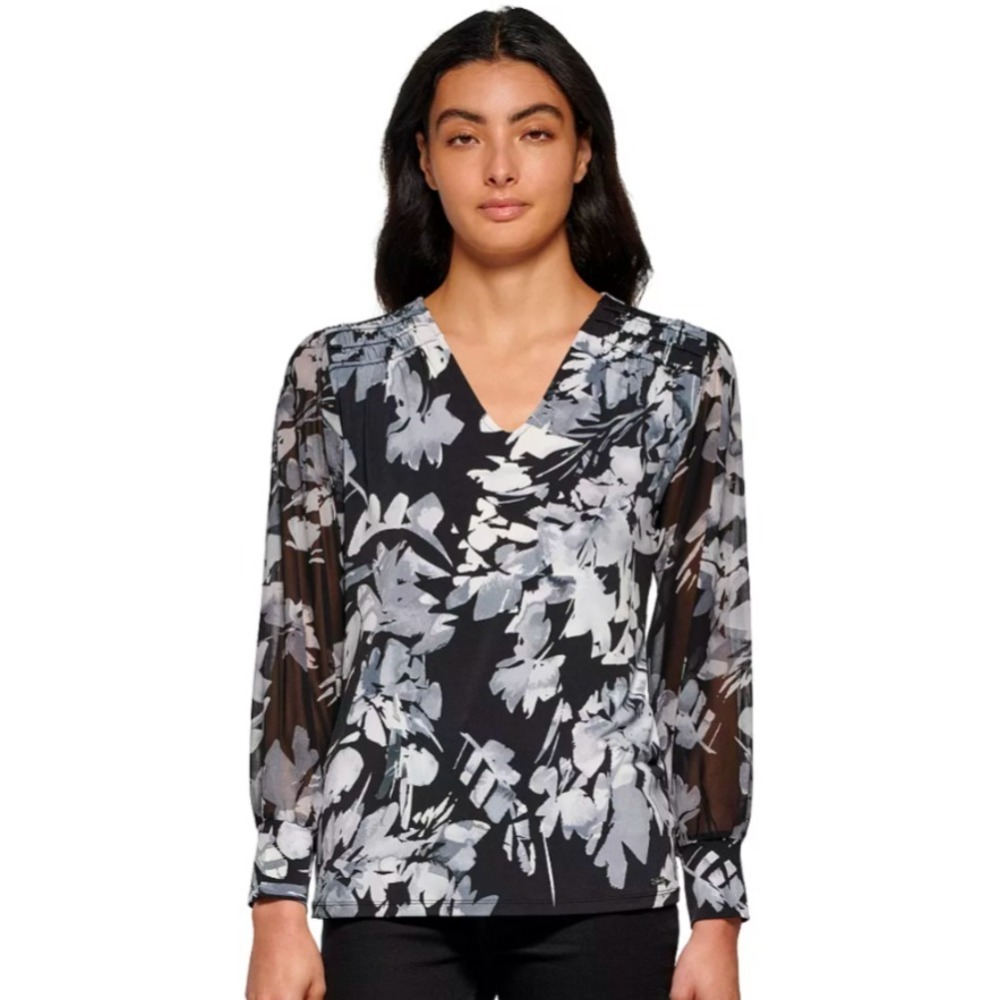 Calvin Klein V-Neck Printed Chiffon Sleeve Blouse Black Gray Women's Medium EUC
